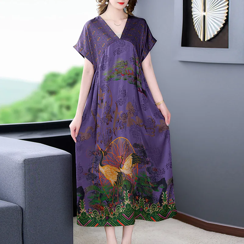 

Women Vintage Maxi Dress V Neck Stitching Printed 3/4 Sleeve Side Buttons Dresses Loose Casual Long Dress