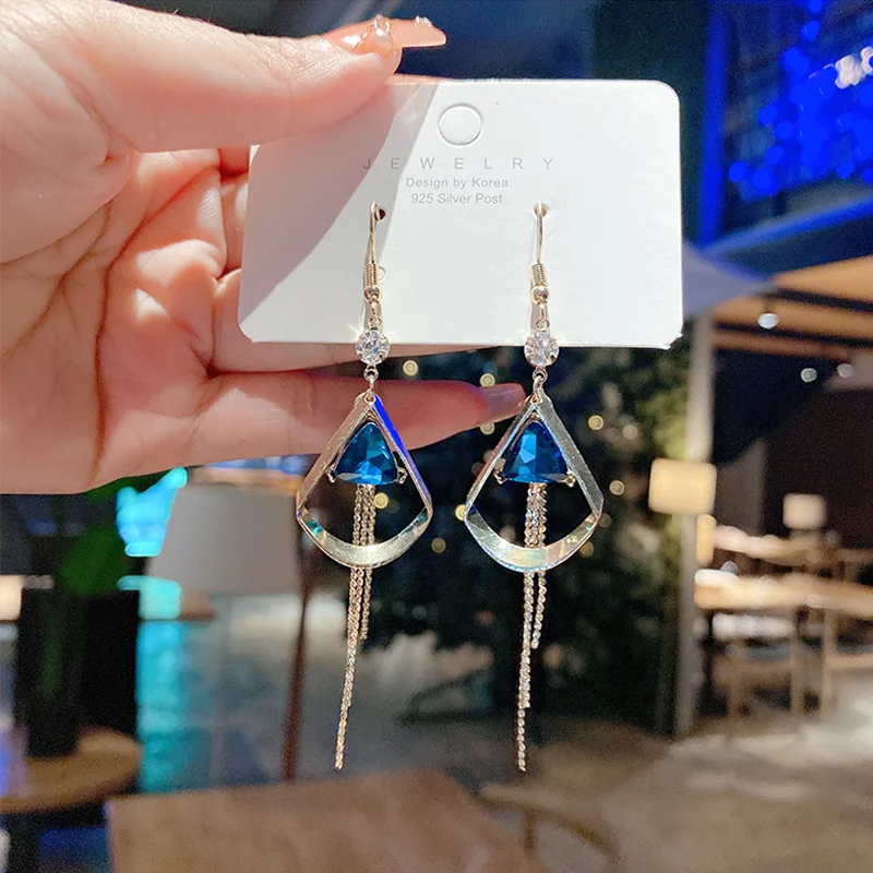 

Karopel 925 Silver Needle Long Stud Earrings Female Blue Crystal Tassel Earrings Net Red Temperament Imitation Zircon Earrings