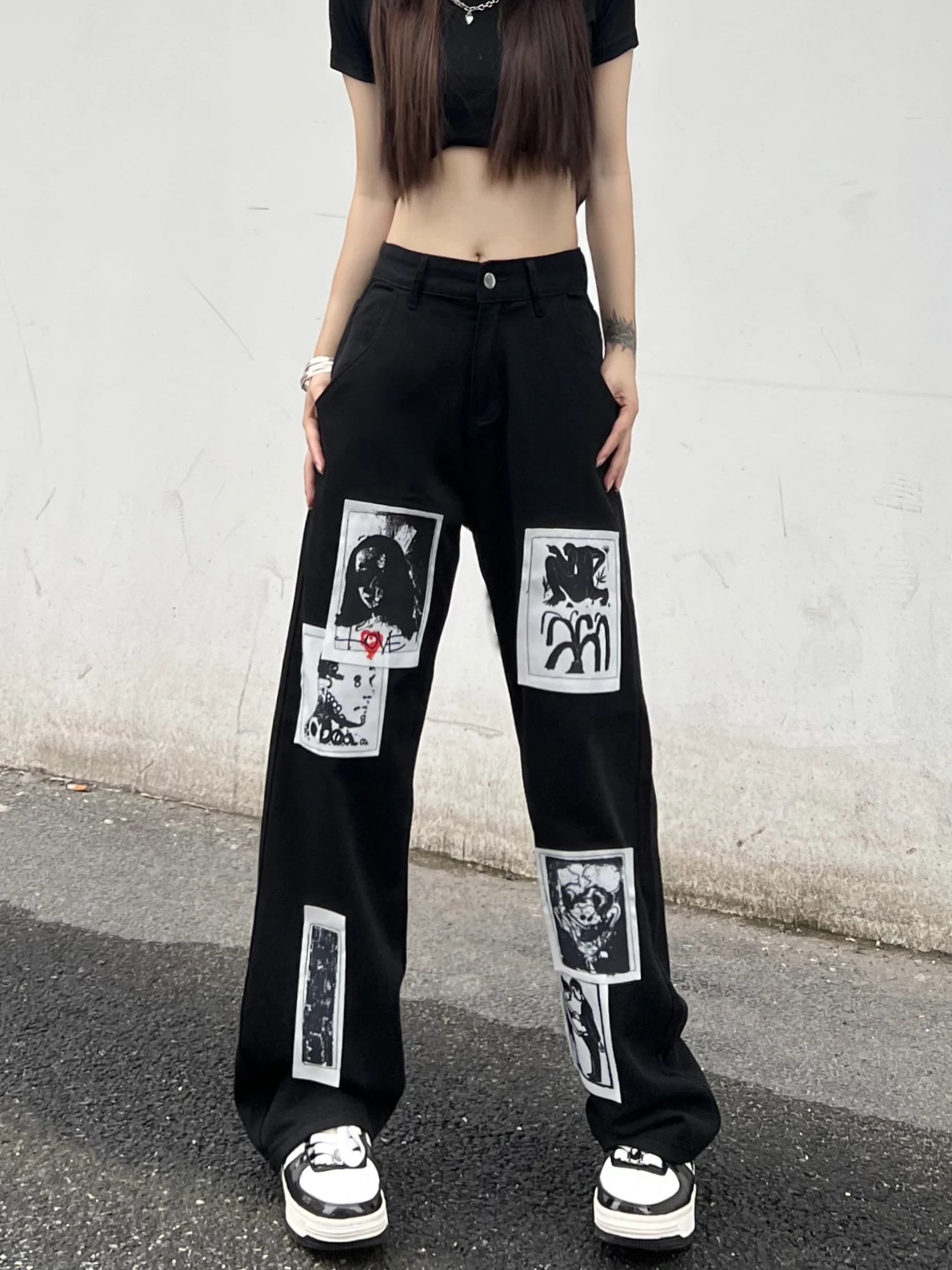 Graffiti American Style Print Women's Black Jeans Denim Pant trousers hip hop hippie clothes 2023 harajuku streetwear y2k summer