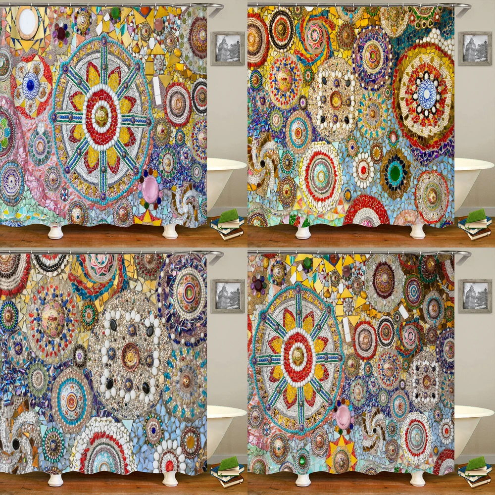 

Waterproof Shower Curtain Colorful Ceramic Tile Mosaic Pattern Printed Polyester Bathroom Curtain Decor Bath Curtains With Hook