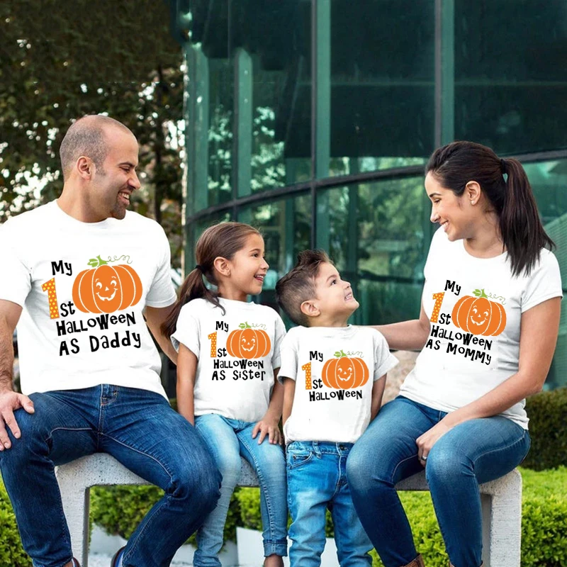 

Модные Семейные одинаковые наряды, футболка с принтом для отца, матери, ребенка, первого Хэллоуина, как папа, мамы, брата, сестры, футболки