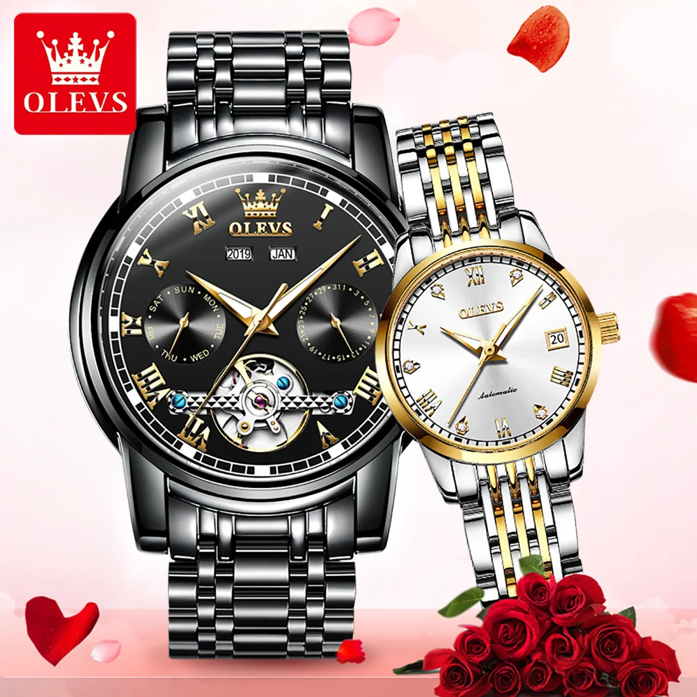 OLEVS 6607 Fashion Automatic Mechanical Couple  Wristwatches Full-automatic Waterproof Stainless Steel Strap Watches for Couple