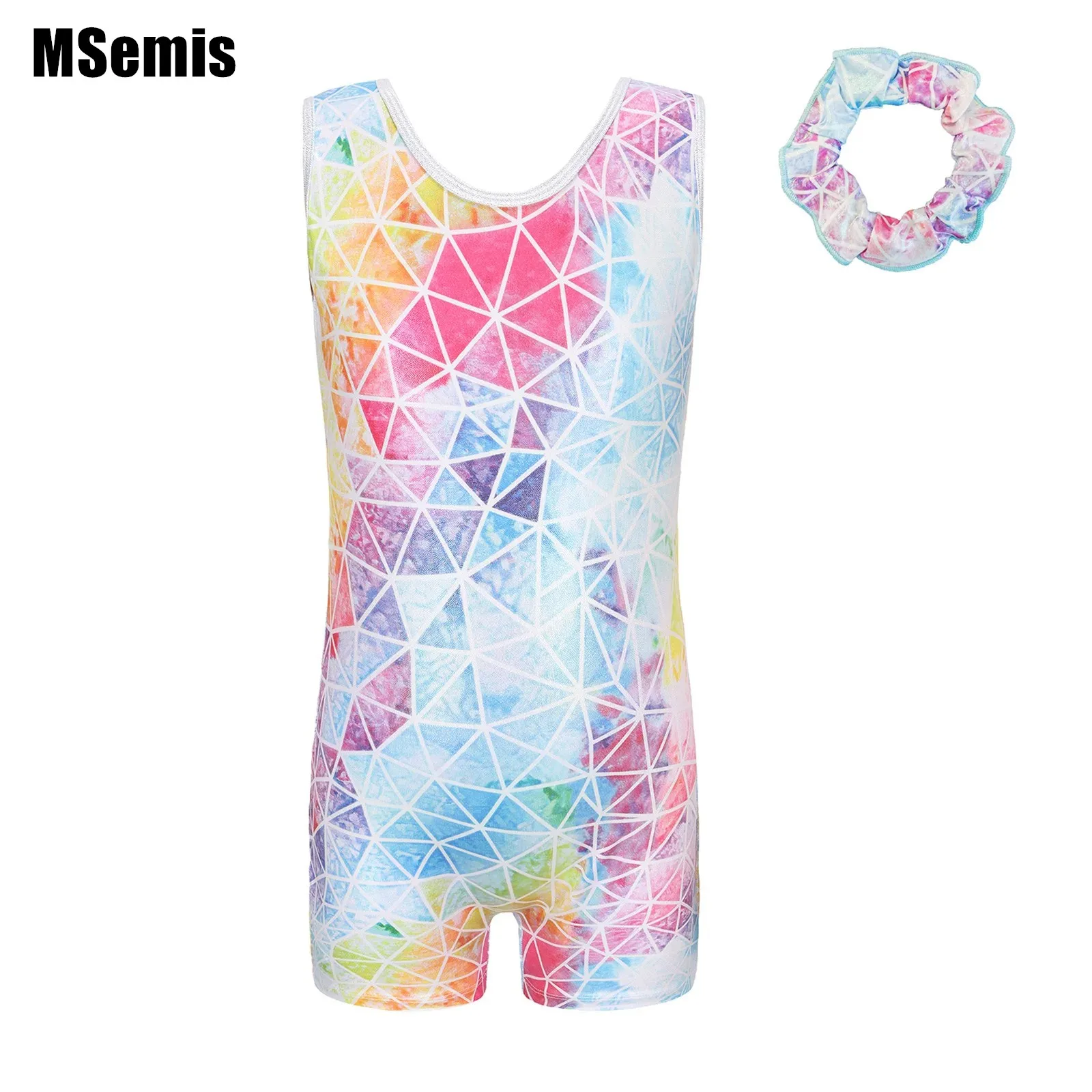 

Kids Girls Geometric Pattern Print Leotard Sleeveless Short Jumpsuit with Headband for Jogging Yoga Gymnastic Swimwear