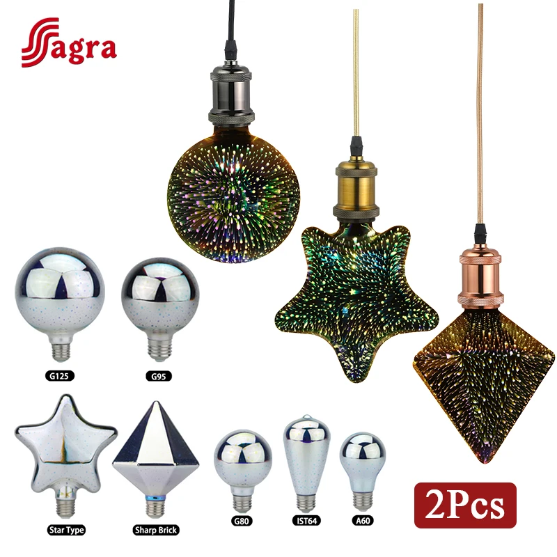 2pcs/lot Led Bulb Star Fireworks 3D E27 Vintage Edison Night Light AC110V 220V A60 ST64 G80 G95 G125 Holiday Decoration Lighting
