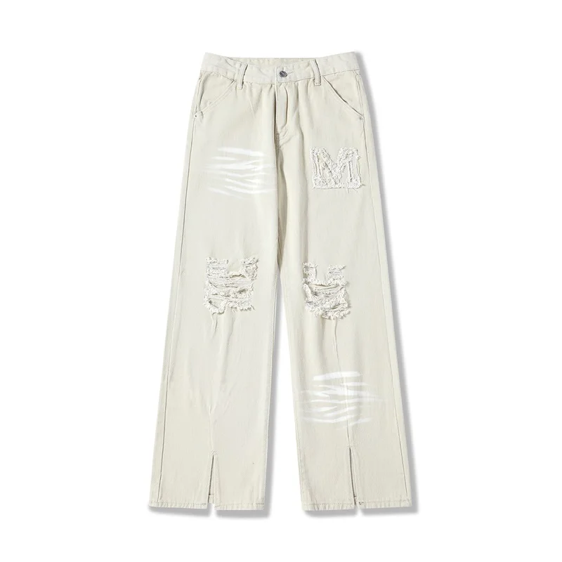 Men Jeans American High Street Ripped Jeans Men's Ins Trousers Slit Straight Pants Couple Casual Trousers INS Hot Sale HIP HOP