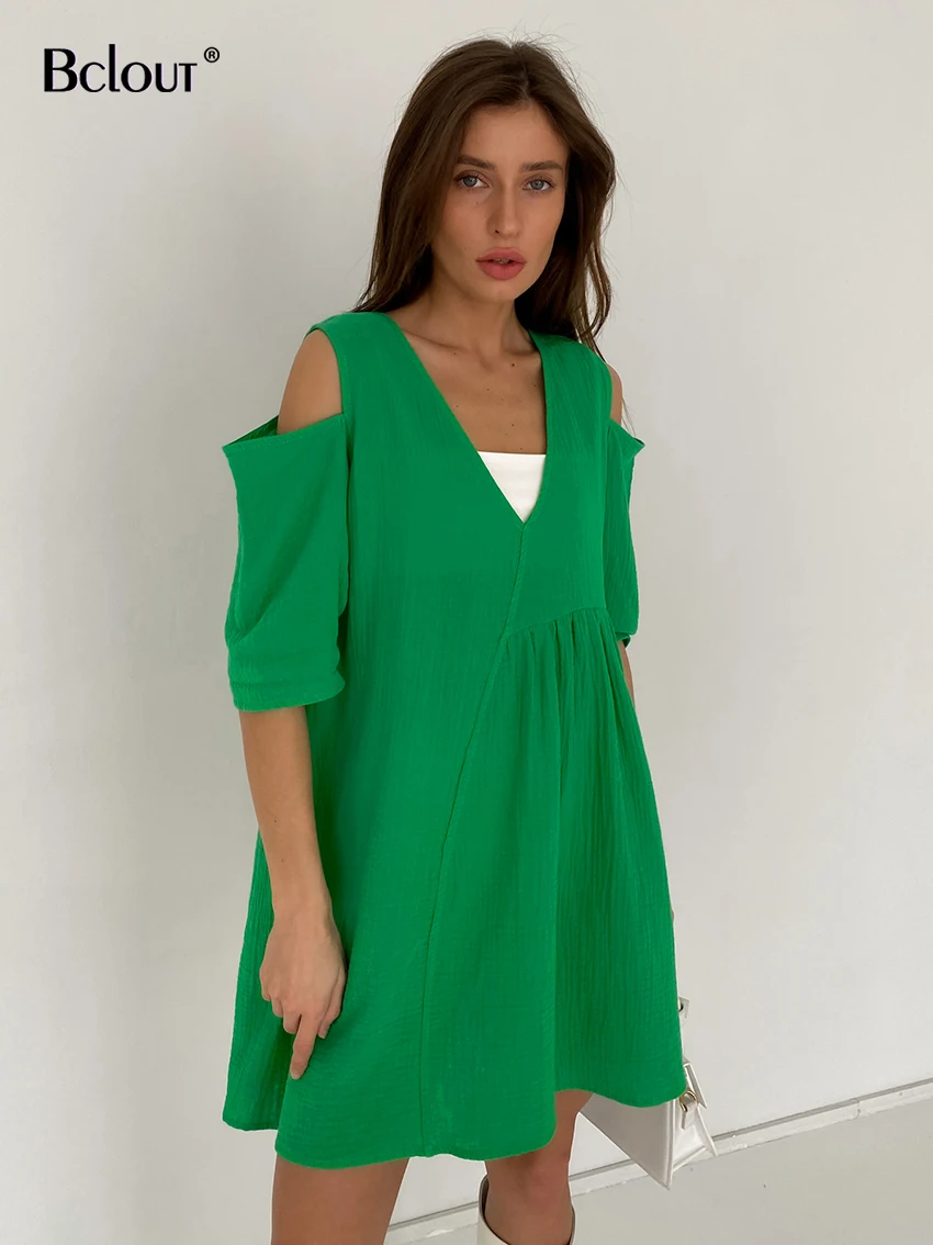 

Bclout Green Asymmetrical Dress Women Summer Cotton V-Neck Shoulder Off Sexy Dress Vacation Ruched Loose Mini Dresses Woman 2022