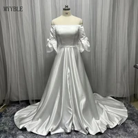myyble 2022 real photo new simple satin wedding dresses plus size a line off shoulder bride robe de mari%c3%a9e custom made