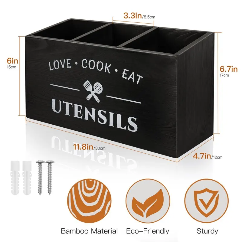 

Elegant Vintage Rustic Wooden 3-Compartment Utensil Holder, Durable and Practical Farmhouse Countertop Caddy for Silverware Spoo