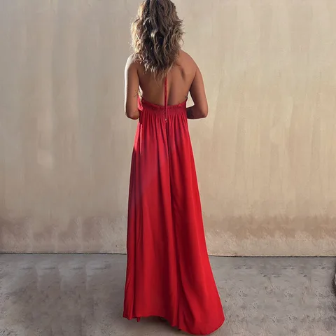 Casual Female Sleeveless Bohemia Sundress Womens Fashion Loose Deep V Neck Party Dress Sexy Tie-up Halter Solid Beach Long Dress