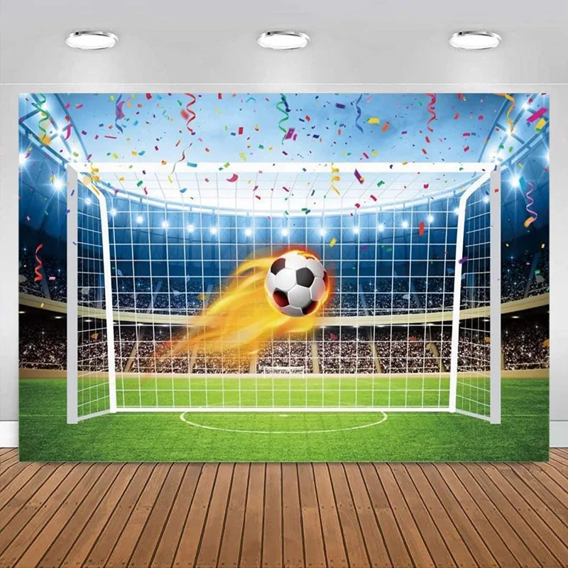 

Red Flame Soccer Backdrop Photography Green Grass Stadium Football Filed Background Boys Kids Birthday Party Decoration Banner