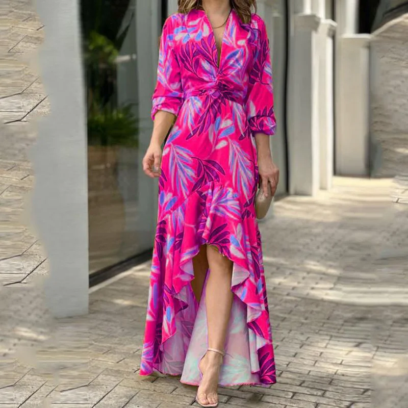 

2023 Spring/Summer New Elegant Women's Dress Fashion Tropical Plant Print Strap Twisted Fold V-Neck Long Sleeve aist Wrap Dress