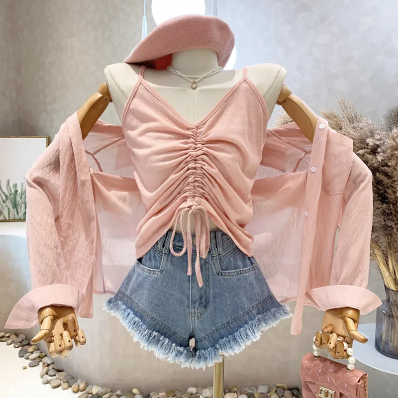 

New Women's Clothing 2022 Summer Slim drawstring V-neck sling + thin sunscreen Chiffon cardigan tops two-piece set fashion