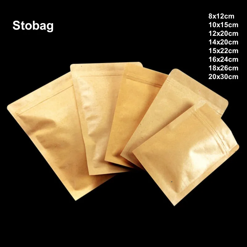 

StoBag 100pcs Kraft Paper Food Packaging Ziplock Bags Flat Bottom Sealed for Tea Nuts Candy Snack Beans Storage Pouches Reusable