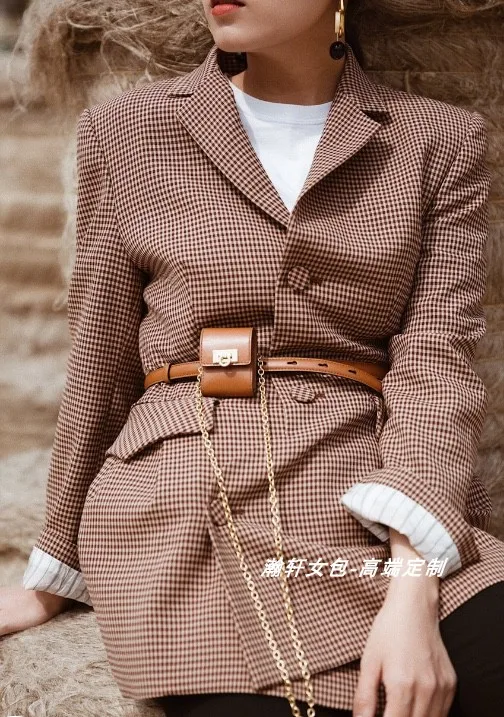 

INS Super Popular Leather Mini Small Bag Waist Belt Women's Chain Necklace Decoration Bag Chest Bag Crossbody Small Square Bag