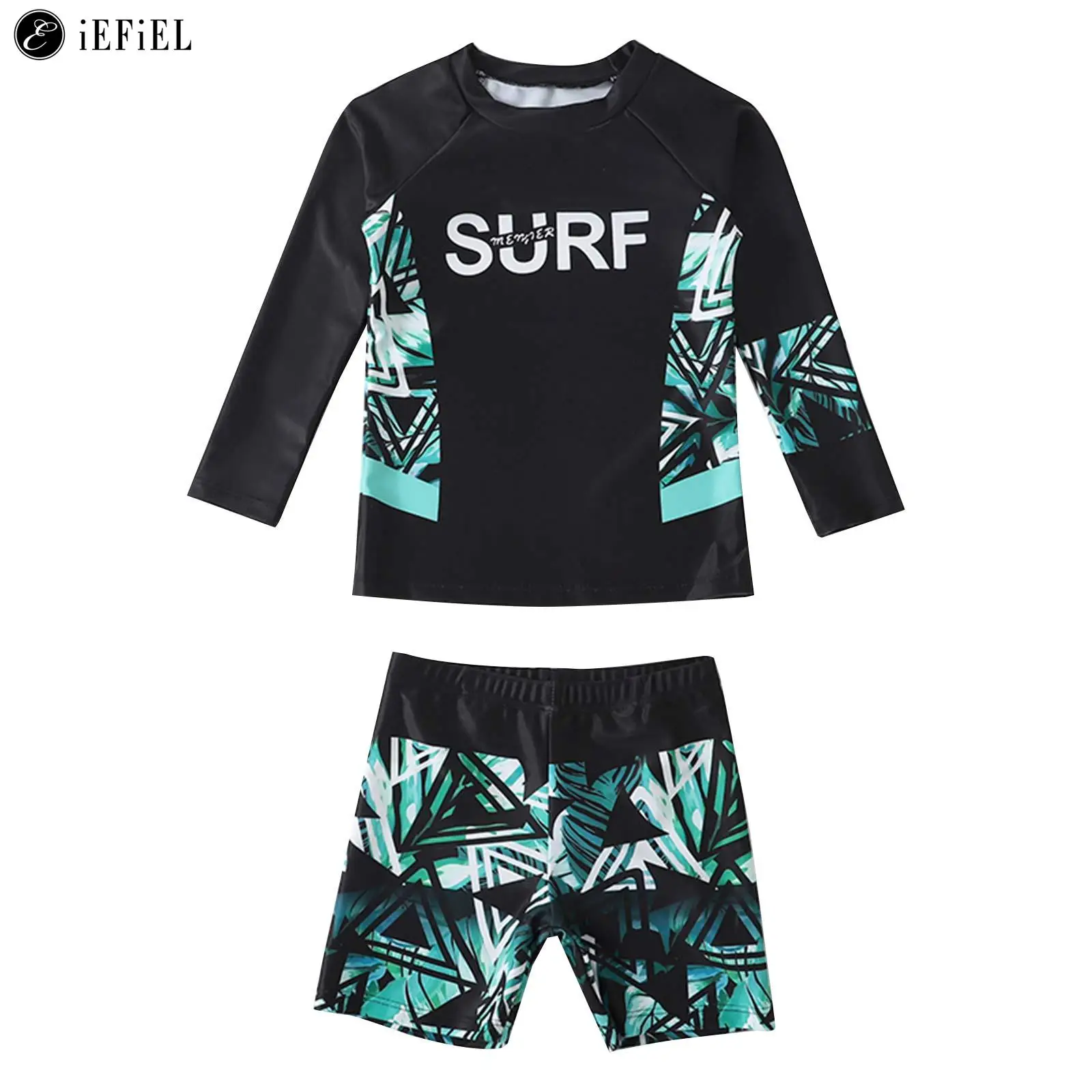 Kids Boys Long Sleeve UPF 50+ Sun Protection Rash Guard Swimsuits Two Piece Shirt Top with Swim Trunks Swimwear Bathing Suit