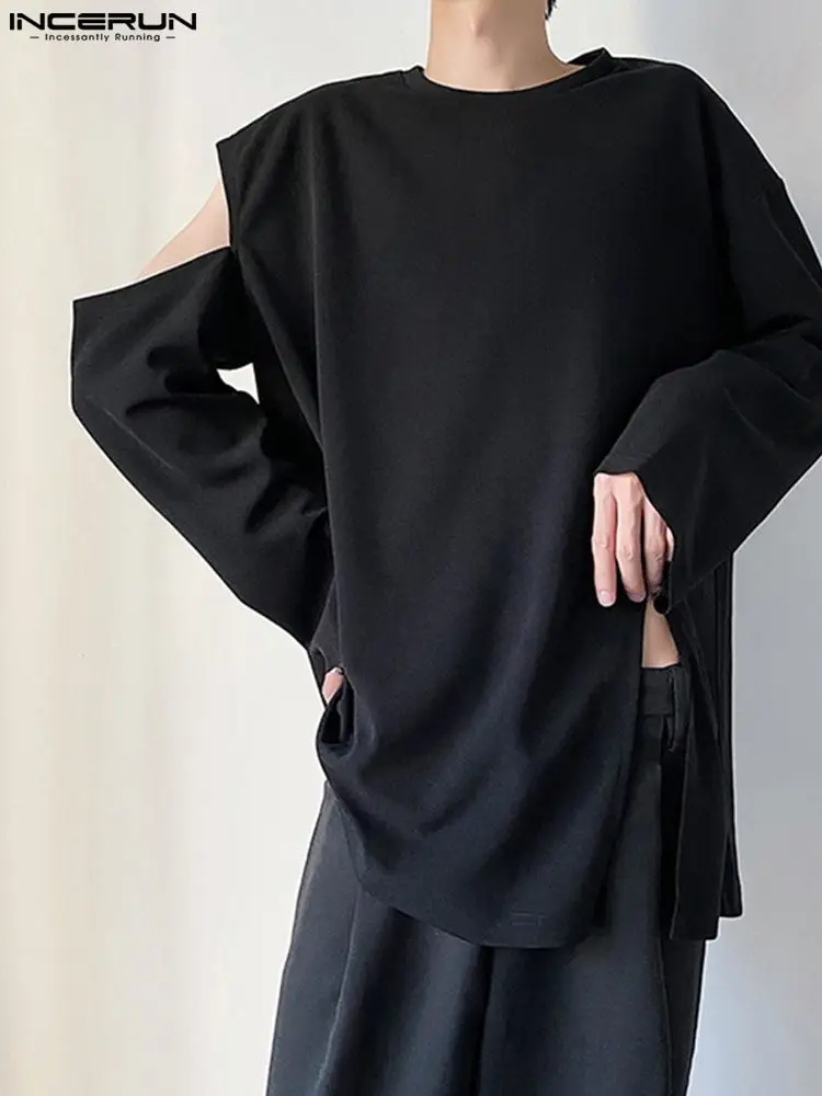 

INCERUN Fashion Men Solid Color T Shirt O Neck Long Sleeve Hollow Out Casual Tee Tops 2022 Streetwear Korean Loose Men Clothing