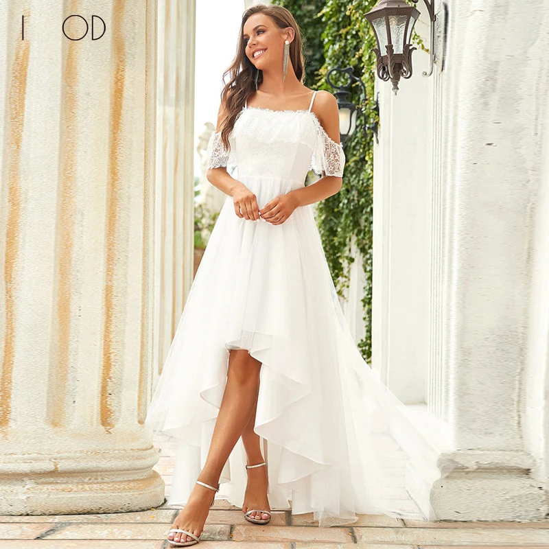 

Женское асимметричное свадебное платье I OD, элегантное фатиновое платье на молнии с короткими рукавами, открытой спиной и кружевной аппликацией, 2023