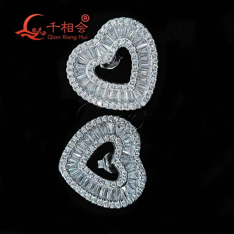 24mm Baguette hollow heart S925 silver  earrings ear stud D vvs white moissanite stone Earring jewelry woman gift