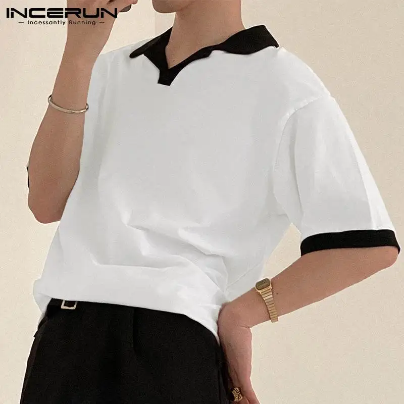 

Футболка INCERUN мужская с отложным воротником, модная рубашка с коротким рукавом, строчка, цветная, 2022