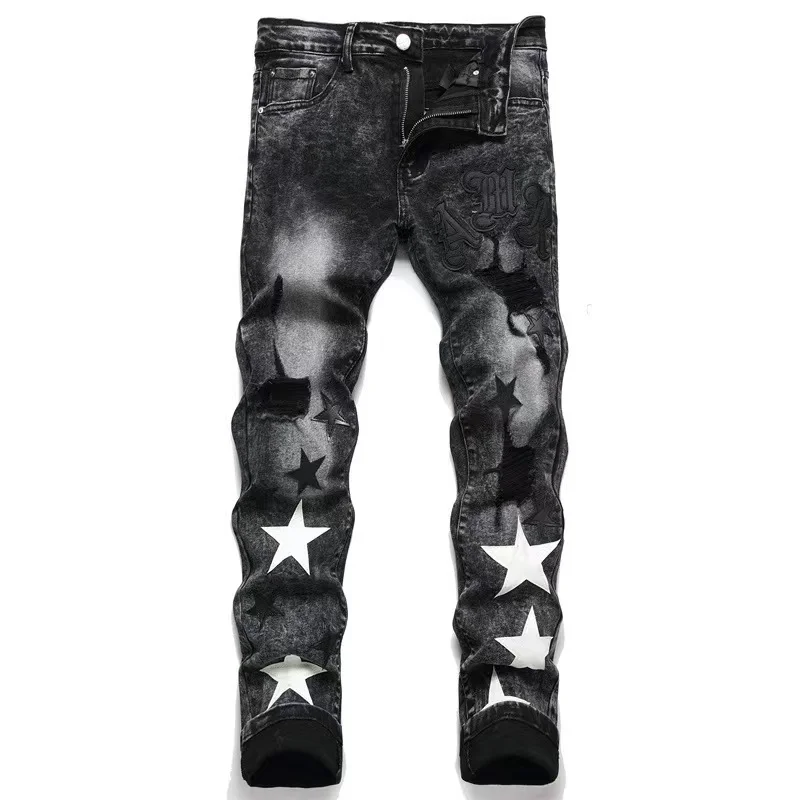 EH·MD® Star Embroidered Jeans Men's Leather Micro-Channel Stitching Cotton High Stretch Slim Pants 3D High Street Gradient Art23