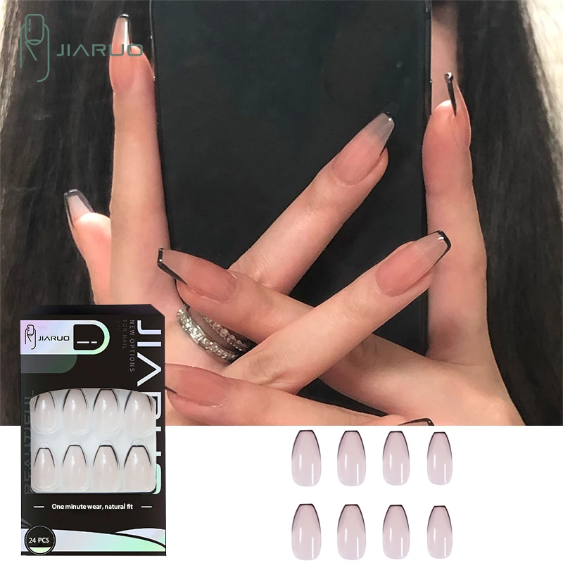 

JIARUO 24PCS/BOX Short Press on Nails Coffin Fake Nail French Tip Nails Y2k Nude Black Short French Ballet Jelly Nails Set Press