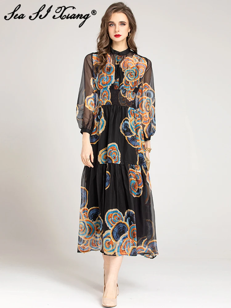 

Seasixiang Fashion Summer Chiffon Dress Women Stand Collar Lantern Sleeve Elastic Waist Vintage Print Long Party Dresses