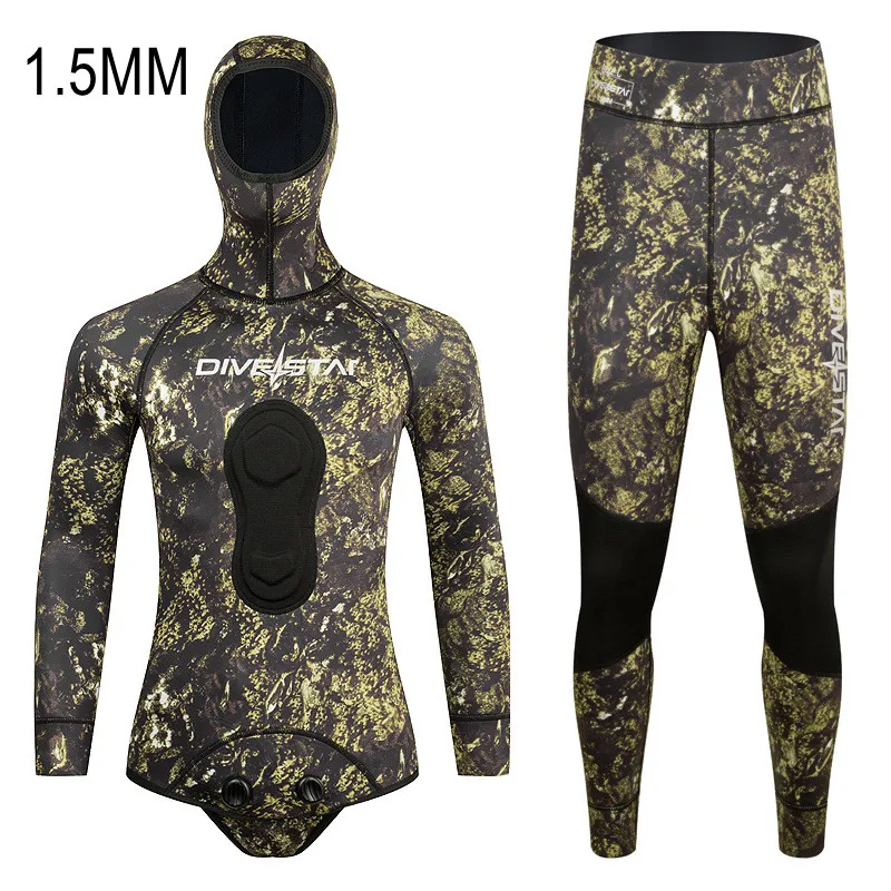 1.5MM Neoprene Camouflage Hunting Wetsuit Hooded 2 Pieces Snorkeling For Men Keep Warm Waterproof Swim Spearfishing Diving Suit