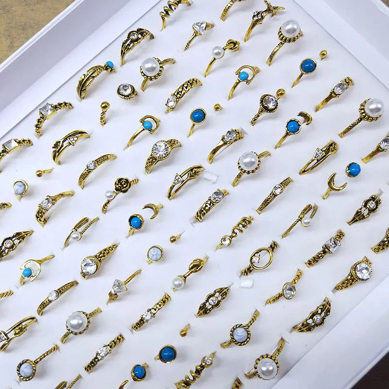 

Новинка оптом 50 шт./лот смешанные богемные винтажные золотые серебряные геометрические перстни с цветком для женщин вечерние Подарочные юв...