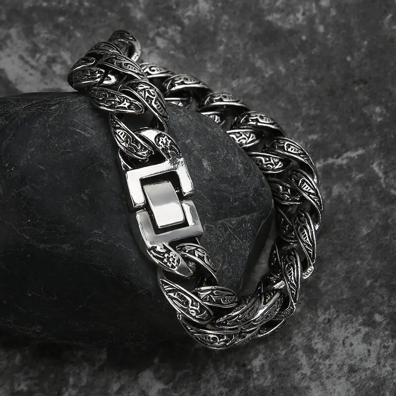 

Men's Fashion Punk Style Vintage Silver Carved Chain Bracelet - Trendy Hip Hop Rock Party Personality Jewelry Accessory