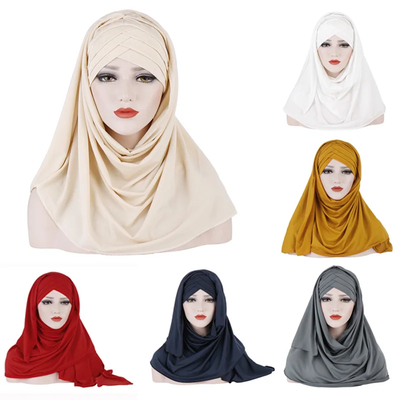 

Women Muslim Chiffon Hijab Shawls Two-piece Scarf Solid Color With Inner Head Wraps Ladies Foulard Femme Muslim Veil