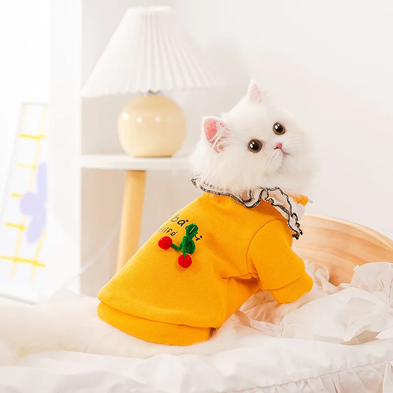 

Winter Pet Dog Clothes Cherry Lace Collar Cat Sweater Small Clothing Cat Autumn