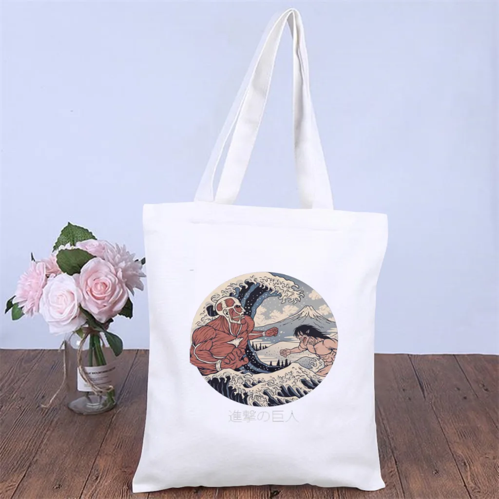 

Сумка Ukiyo-ebag из текстиля «атака на Титанов», холщовые сумки для студентов с карманом для хранения, винтажная Сумка-тоут с двойным рисунком