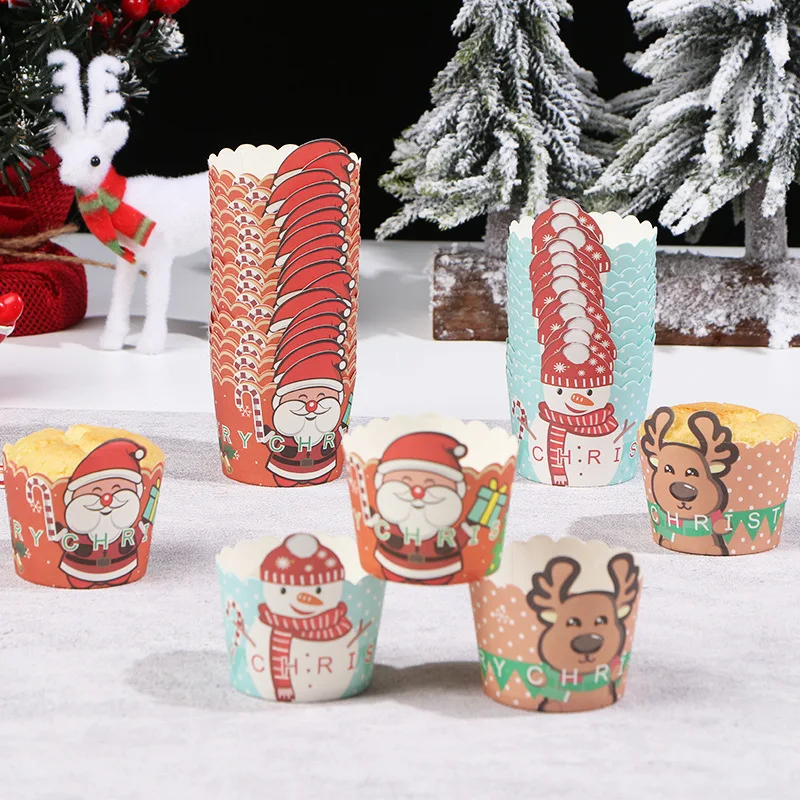 

50pcs Christmas Cupcake Bottom Holder High Temperature Cupcake Cartoon Elk Snowman Cup Baking Cake Paper Holder