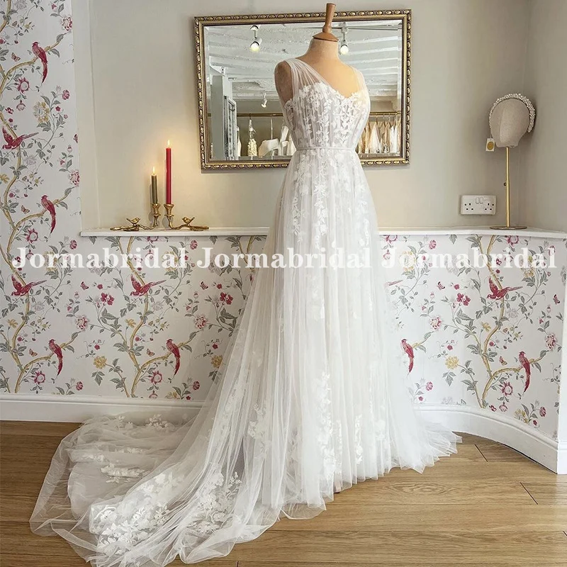 

Ivory A-Line Bridal Dress With Sheer Bodice and Lace Appliqué Pleat Tulle Straps Boho Wedding Gowns vestido de noiva Custom Made