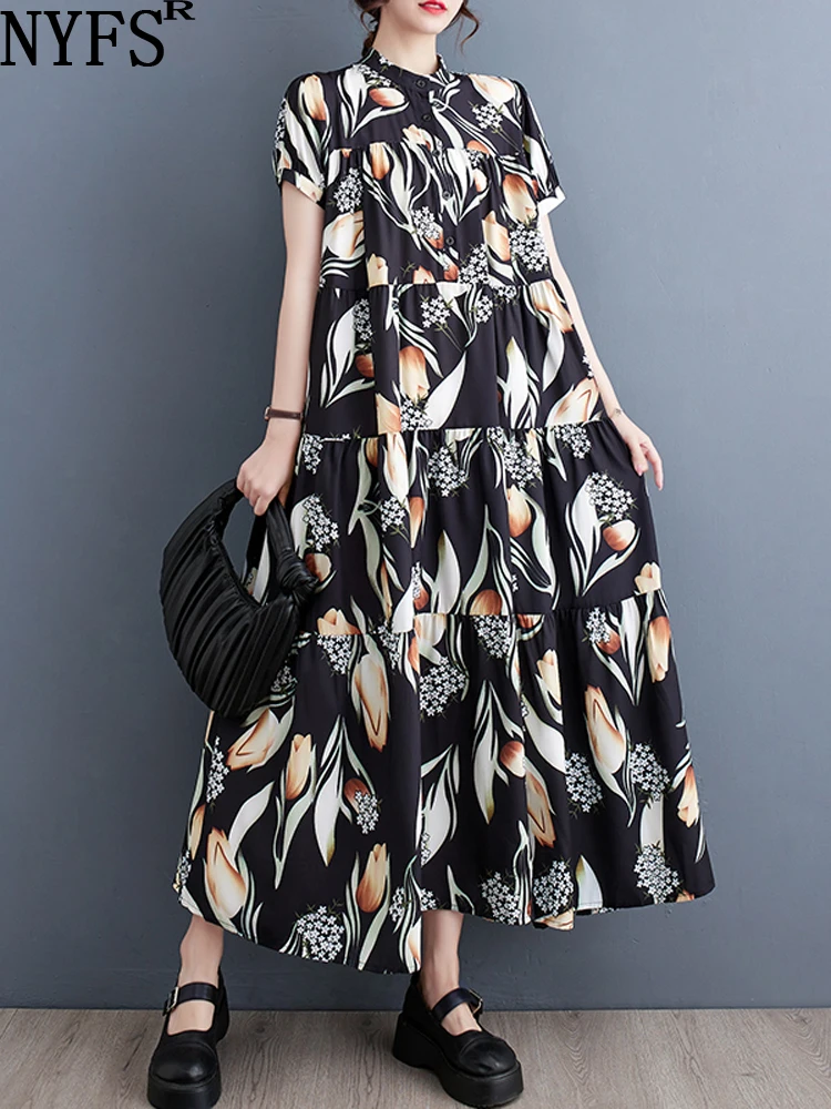 

NYFS 2023 Summer New Korea Woman Dress Vestidos Robe Elbise Loose Plus Size Short Sleeve Bohemia Print Long Dresses