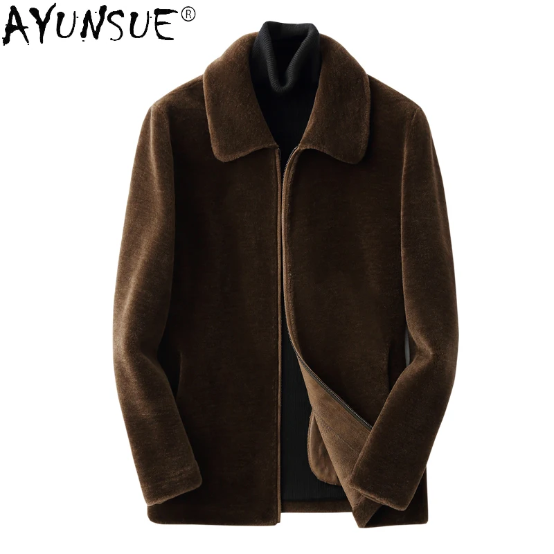 

AYUNSUE Sheep Shearling Jacket Men Clothes Men's Leather Short Leather Jacket Lapel Wool Fur Men's Thicken Outerwear Winter 2021