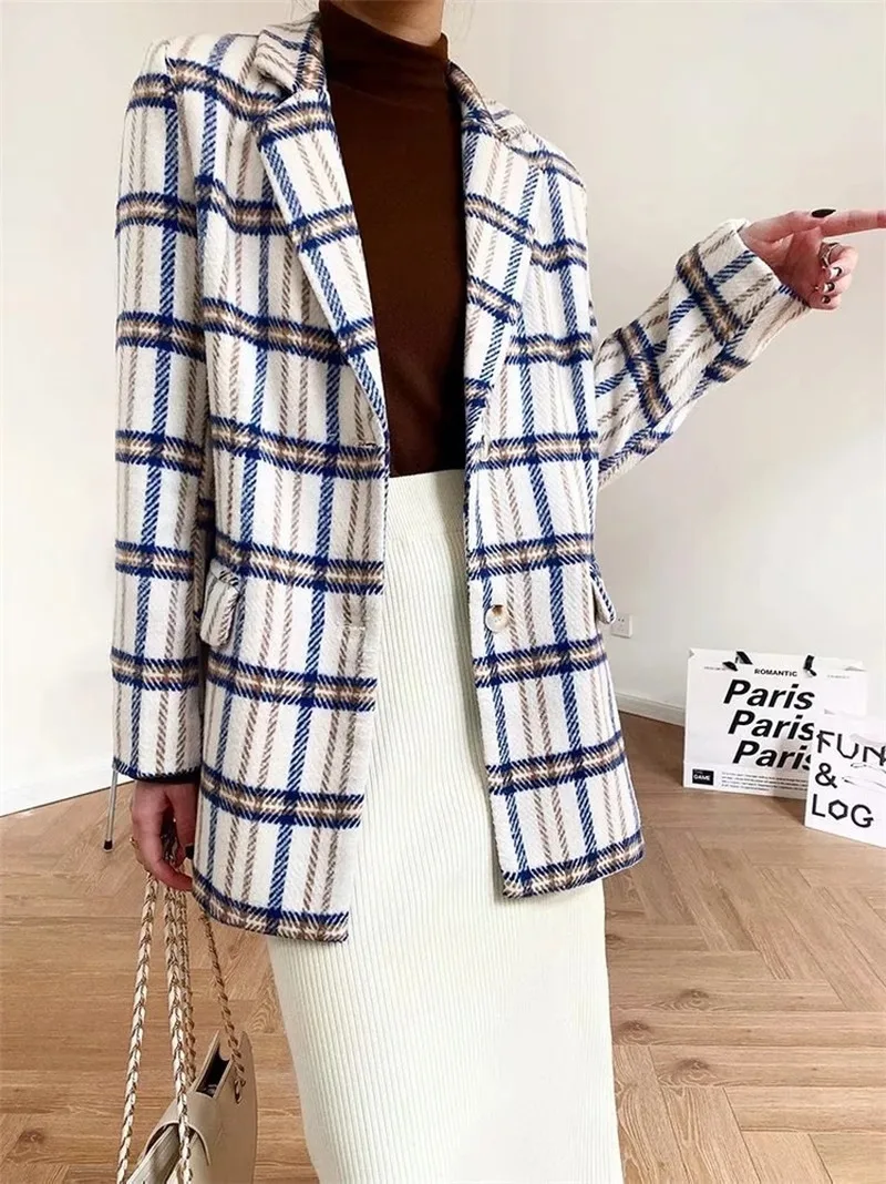 White Plaid Blazer Suit Office Lady Fashion Contrast Colors Woolen Blazer Women 2021 Spring Autumn Casual Commute Plaid Coat New