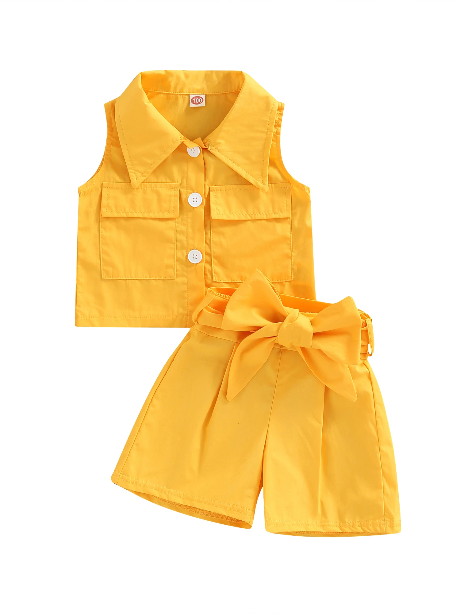 

Детская летняя одежда для девочек, наряды, топ без рукавов с лацканами и шорты с бантом и карманами, комплекты для маленьких девочек