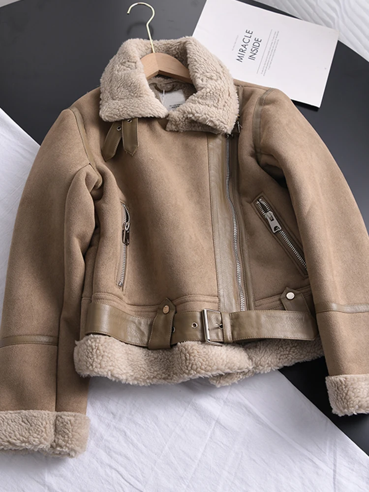Winter Women Thick Warm Suede Lamb Jacket Short Motorcycle Brown Coats Faux Shearling Sheepskin Leather Jackets Outwear Coat