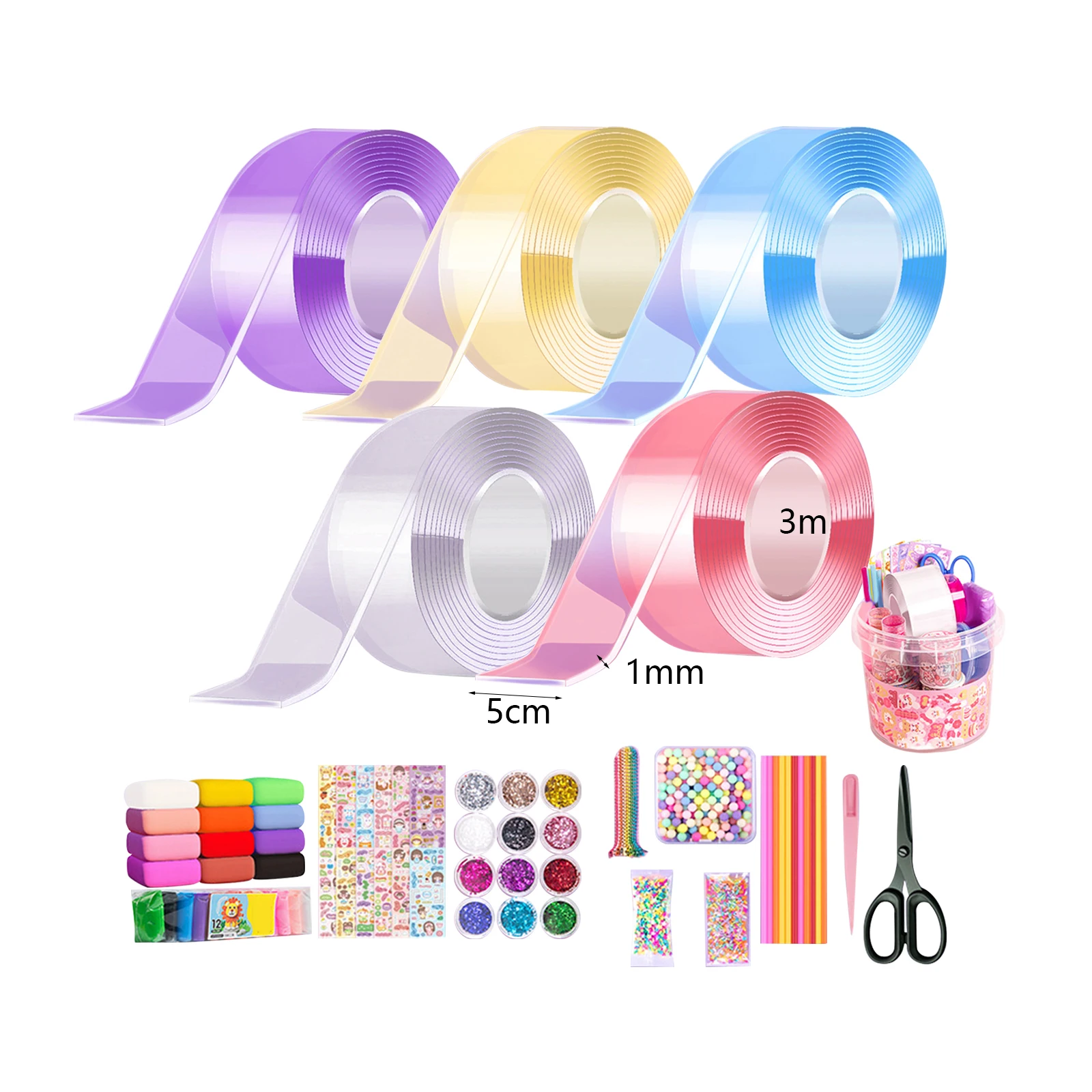 

5PCS Glitter Bubble Blowing Double Sided Tape Strong Sticky Tape for DIY Craft Pinch Toy Making Reusable Clear Sticky Ball Tape