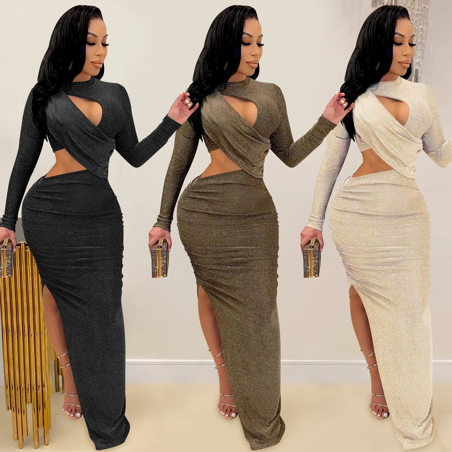 

2022 Women Autumn Dress Sexy Elegant Glitter Solid Ruched Cut Out O Neck Long Sleeve High Slit Evening Club Party Dresses