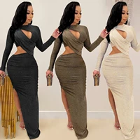 2022 women autumn dress sexy elegant glitter solid ruched cut out o neck long sleeve high slit evening club party dresses