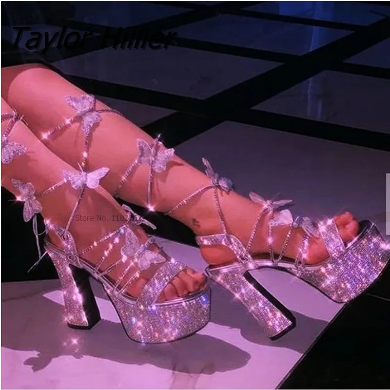 

Platform Crystal Chunky Heels Sandals With Bow Cross-Strap Bling Elegant Glitter Silver Sandals Women Summer Butterfly Shoes