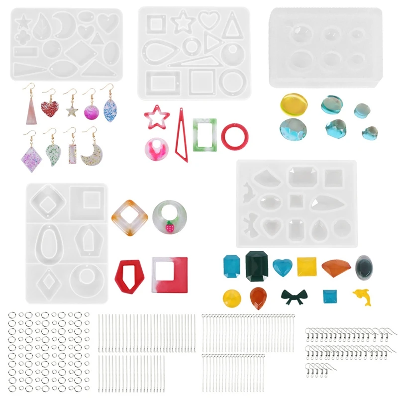 

245Pcs Resin Molds Jewelry Making Kit, Silicone Molds Resin Casting Molds Earring Molds with Hooks, Keychain Pendant