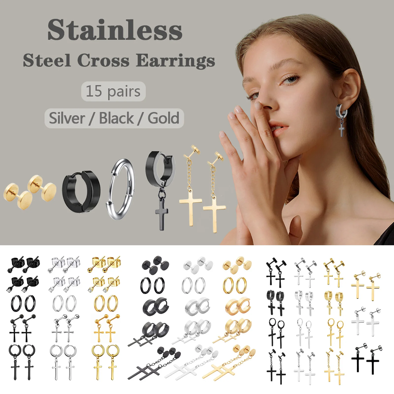 

15 Pairs Stainless Steel Cross Earrings Studs Hoop Earrings Hinged Dangle Cross Earrings for Men and Women