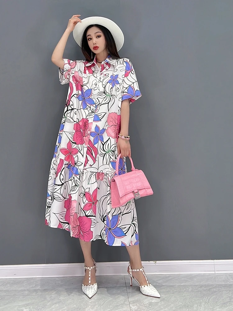 

SuperAen 2022 Summer New Fashion Casual Printing Short Sleeve Turn Down Collar Shirt Loose A-LINE Casual Dresses for Women