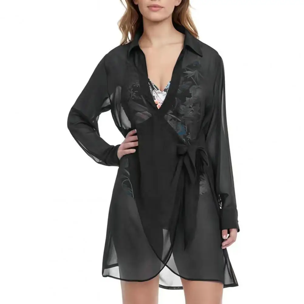 

Рубашка-накидка с отложным воротником и V-образным вырезом, летнее прозрачное тонкое пляжное платье с длинным рукавом и перекрестной шнуров...