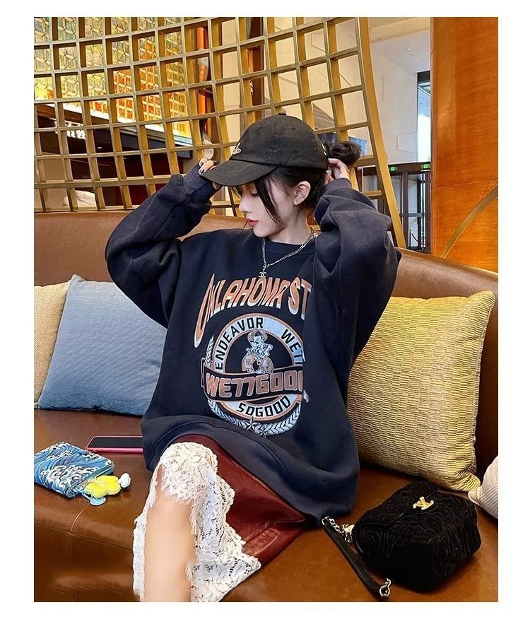 

Женский свитер в стиле колледжа, ретро, американский, с западным принтом, уличный крутой пуловер в стиле оверсайз для девушек, красивый топ