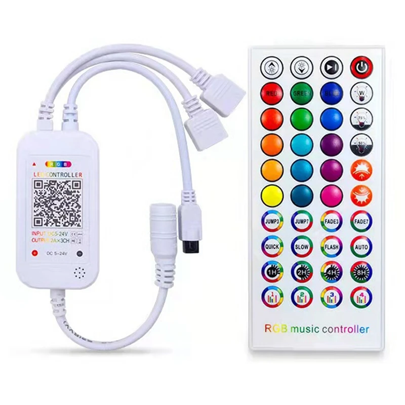 

Bluetooth LED Controller+40 Keys Remote Control APP Control And Music Sync DC5-24V For 5050 3528 RGB LED Light