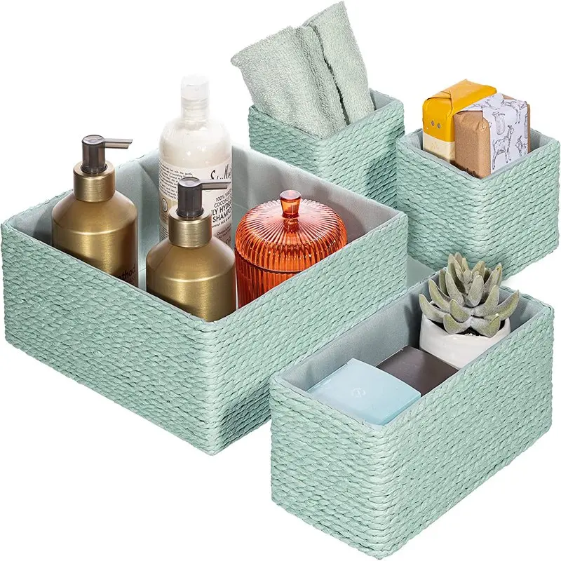 

Storage Baskets - Woven Paper Rope Material - Set of 4 - Braided Organizer for Bathroom, Vanity, Closet, & Open Shelves